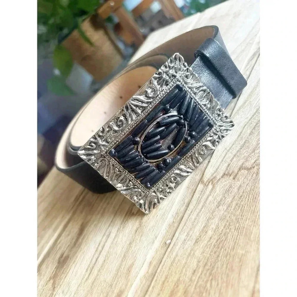 Streets Ahead Black Leather Belt Silver Buckle Size Large